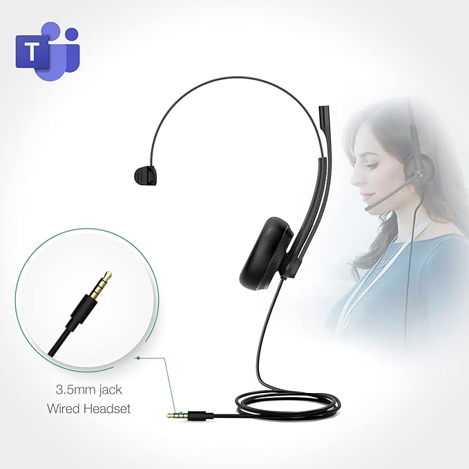 Yealink UH34 Wired Headset with Mic, 3.5mm Mono Headphones Noise Canceling Microphones,Teams Certified Work Office Headset for Computer PC Mac Laptop Tablet Smartphone