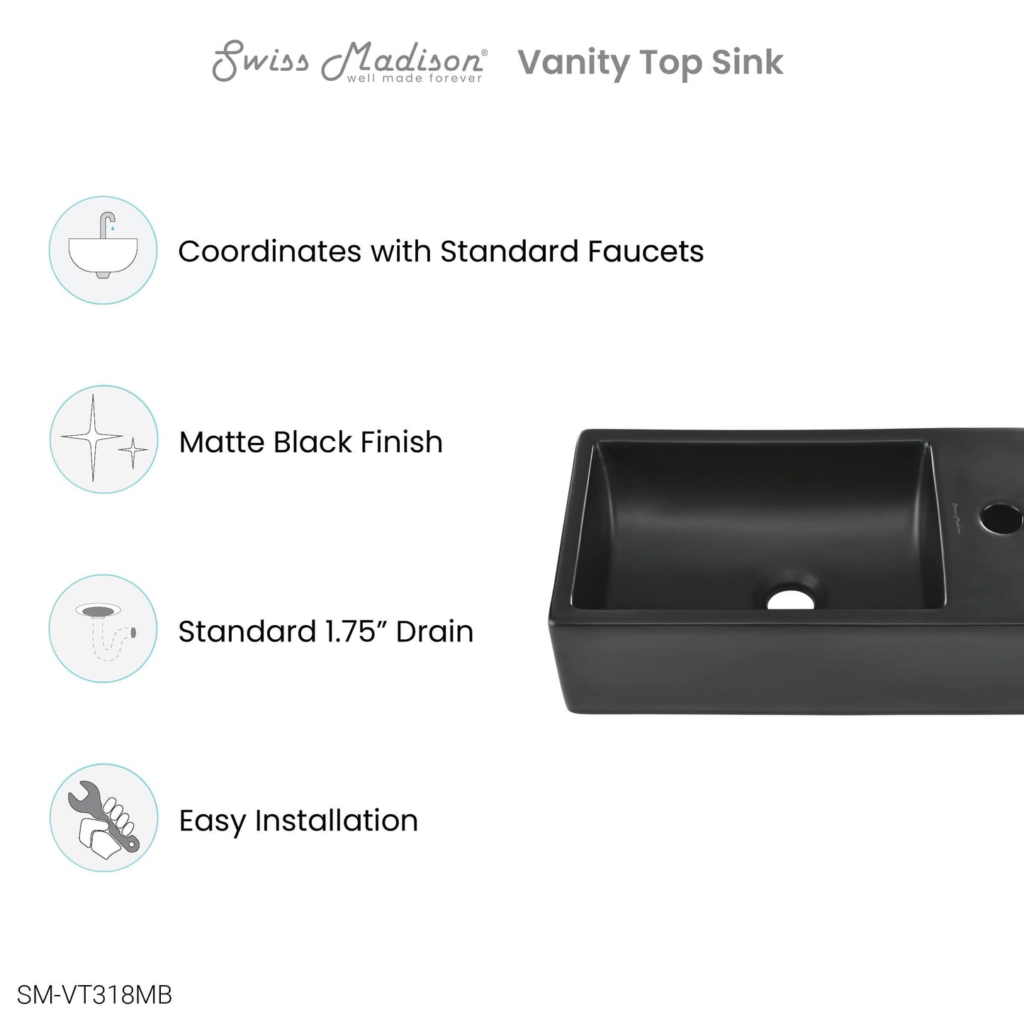 18" Ceramic Vanity Sink Top in Matte Black
