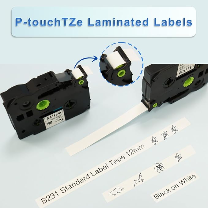 Label Tape Compatible with Brother Tze-231, 12mm 0.47" Black on White Laminated Tape for P-Touch Label Maker PT-D210 D220 H110 D410 P710BT H111 1070, 6 Pack