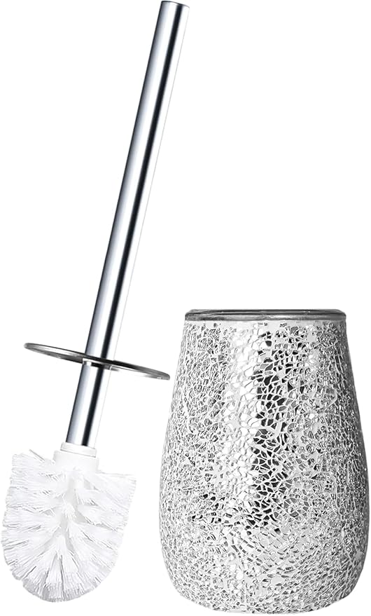 Escenzy Modern Toilet Brush and Holder Set Mosaic Glass | Non-Rustic Stainless Steel | Practical & Decorative Toilet Bowl Brush and Holder | Luxury Silver Glitter Bathroom Accessories
