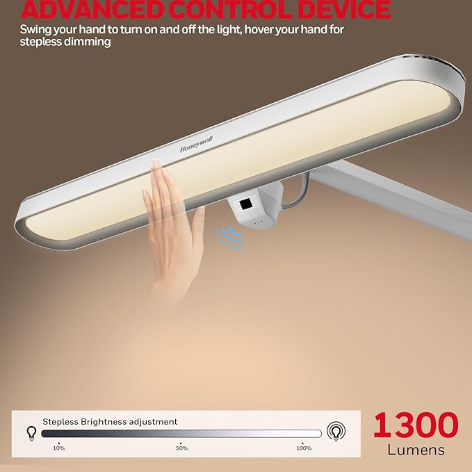 Honeywell LED Desk Lamp with Clamp - 05B02 Sunturalux Clip On Desk Light Eye Caring Natural Light 4000K 1300LM Stepless Brightness Dimmable Table Lamp Full Metal Desk Lamps for Home Office Work Study