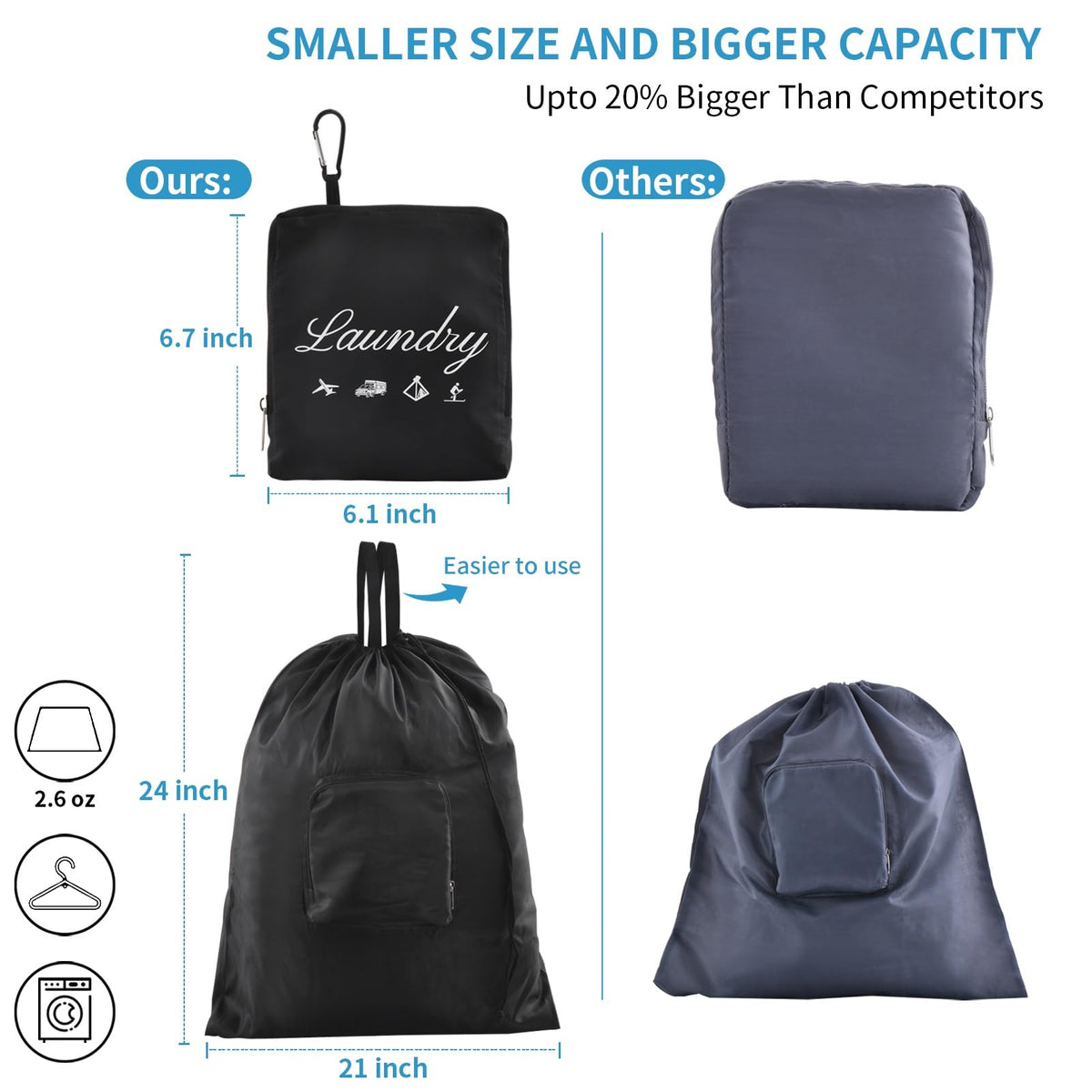 2 Pcs JHX Travel Laundry Bags, Dirty Clothes Organizer【Upgraded】with Handles and Aluminum Carabiner for Travel, Camp, Fitness, and Students (Black&Grey) 24"L x 21"W