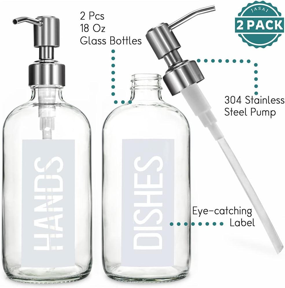 JASAI 2Pack 18OZ Glass Soap Dispenser with Rustproof 304 Stainless Steel Pump, Kitchen Soap Dispenser for Hands & Dishes (White)