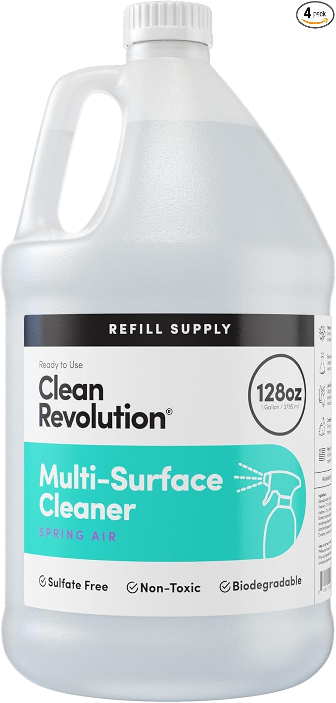 Clean Revolution Multi Surface Cleaner Refill Supply, Non-Toxic, Eco-Friendly & Plant-Based, Ready to Use, Spring Air, 128 Fl Oz (Pack of 4)
