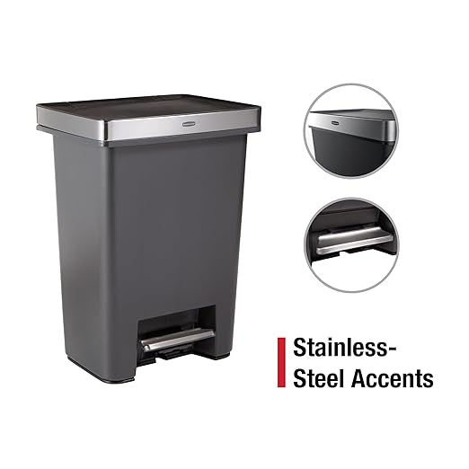 Rubbermaid Premier High-Capacity Step-On Trash Can, 19 Gallon, Single or Dual Stream Trash or Recycling, Charcoal, Stainless-Steel Rim, Lid Lock, Quiet Lid, for Home/Kitchen/Garage/Apartment