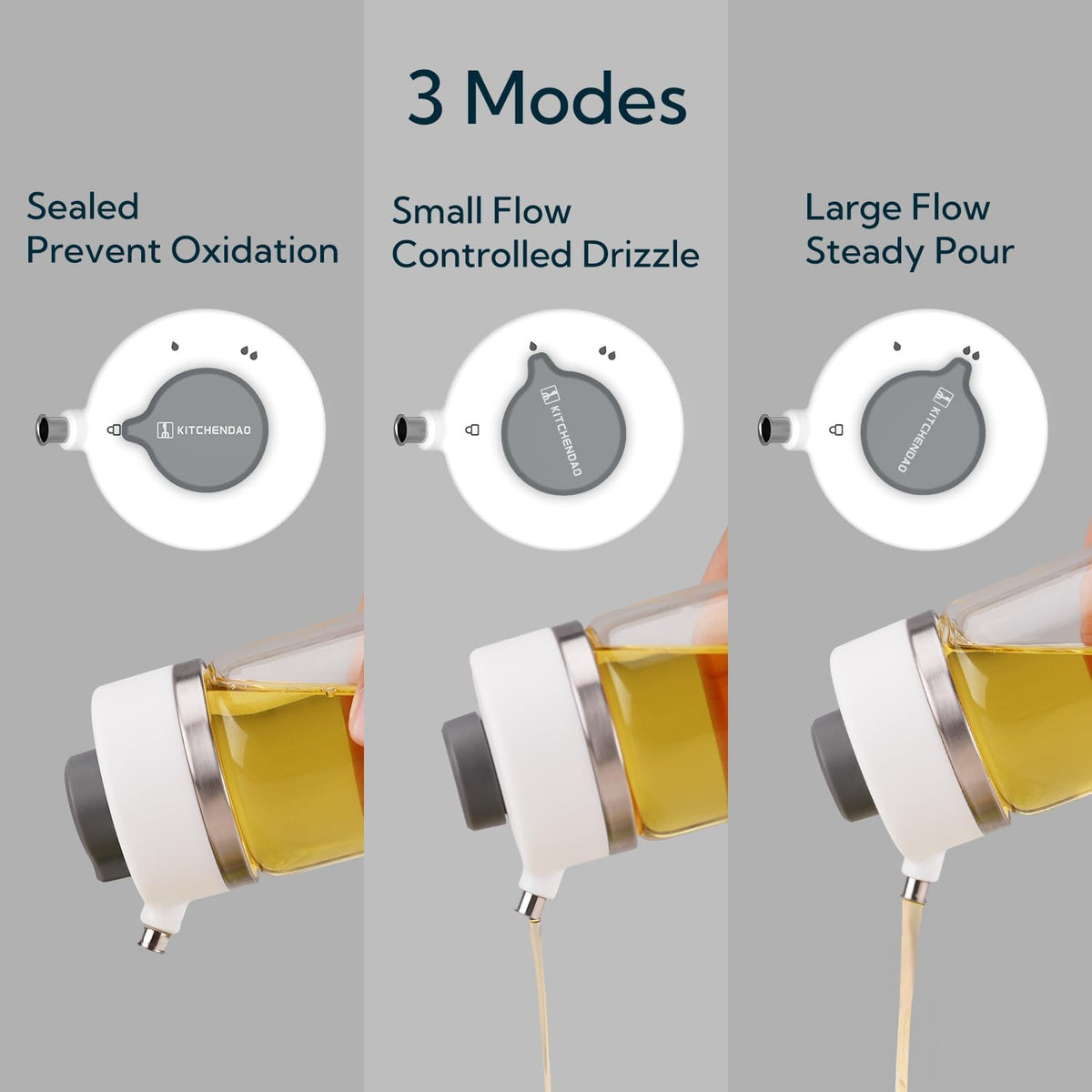 KITCHENDAO Precision Pour Glass Oil Dispenser 2-Piece Set with 3 Modes, Drip-Free Spout, Two Adjustable Flow Speeds, 12 oz Oil and Vinegar Dispensing Bottle 2 Pack Set for Kitchen