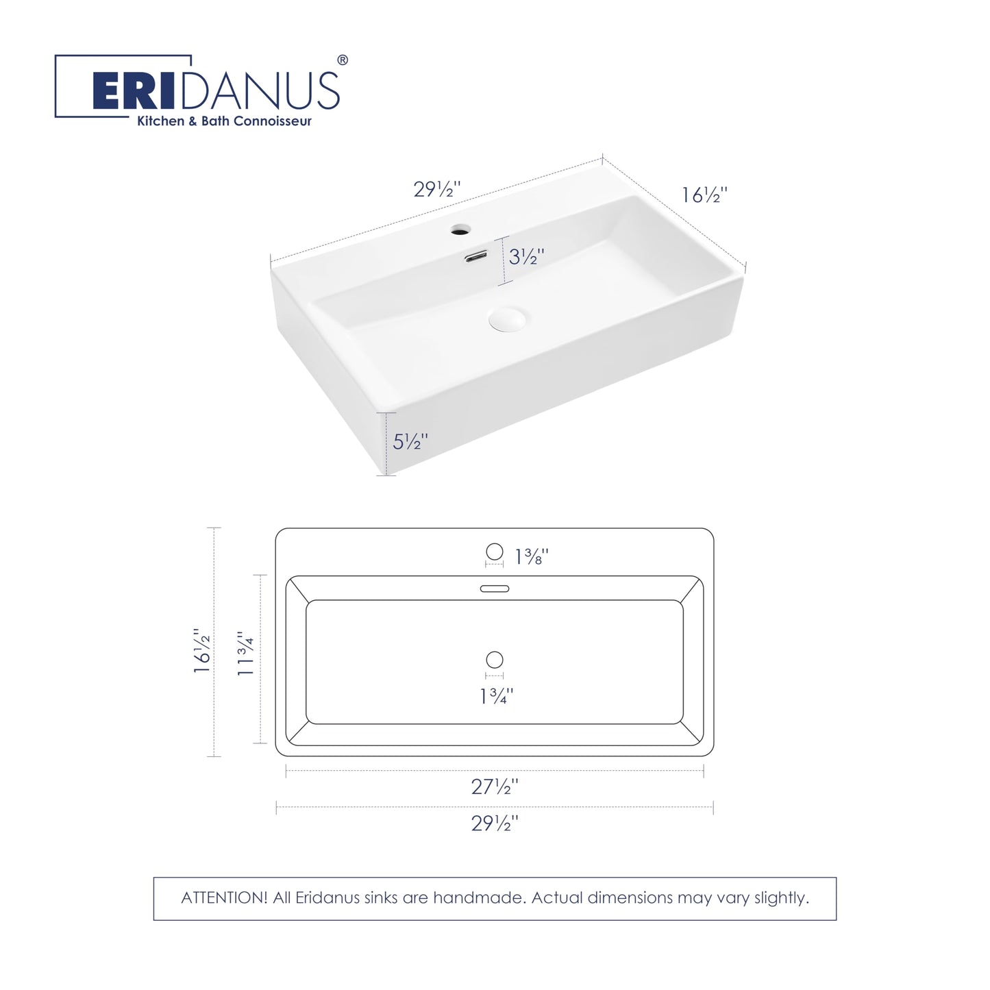 Eridanus Bathroom Sink 30" x 16" Rectangular Vessel Sink, Wall Mount Above Counter Vanity Sink, Premium Ceramic White Art Basin with Overflow, Lavatory Trough Floating Washbasin