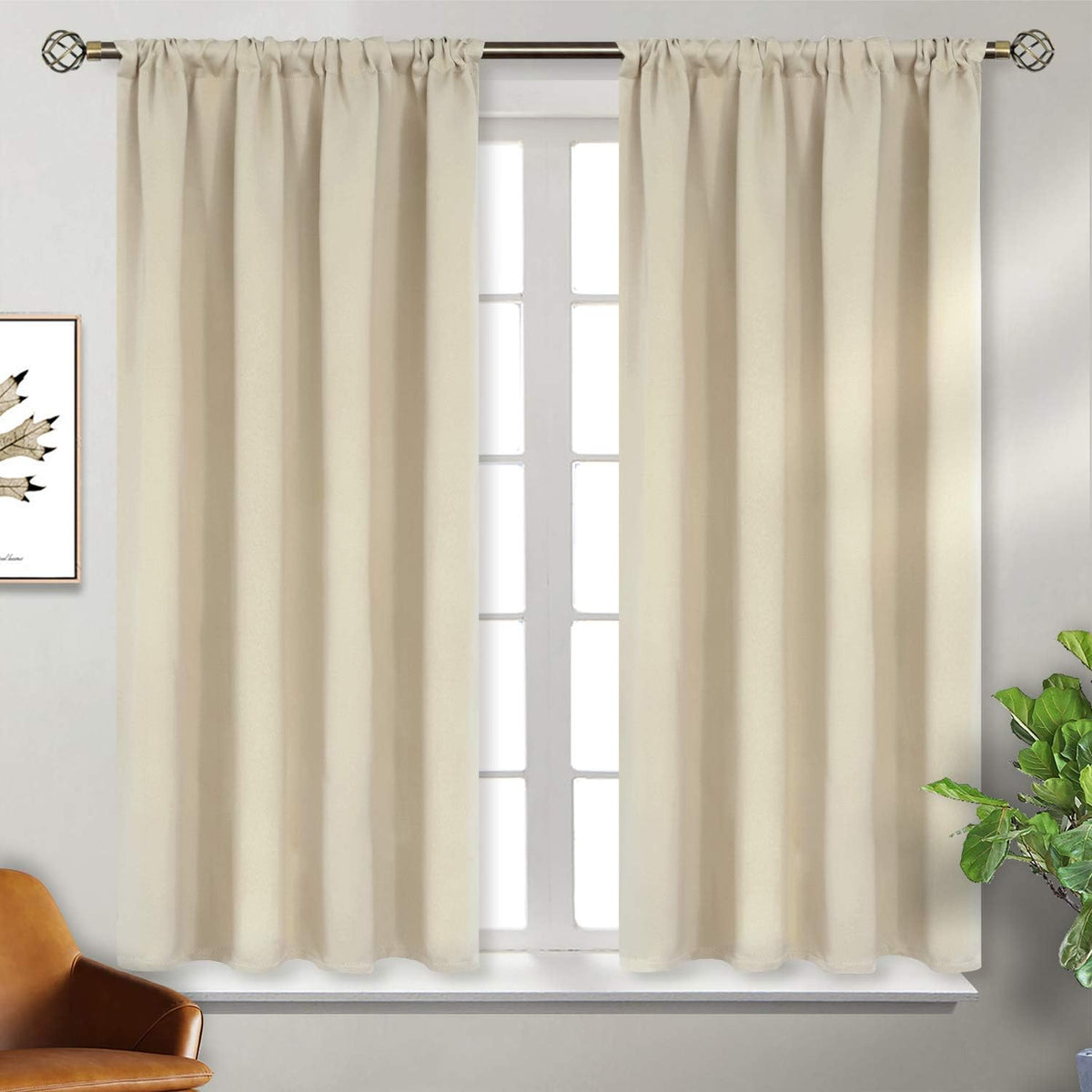 BGment Rod Pocket Blackout Curtains 54 Inches Length for Bedroom - Thermal Insulated Room Darkening Window Drapes for Living Room Kitchen, 42 x 54 Inch, 2 Panels, Beige