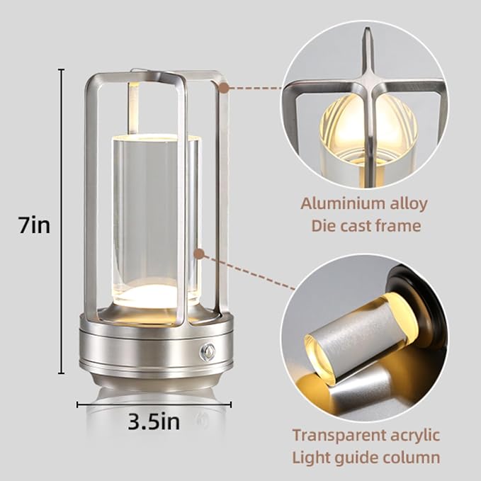 Portable Metal Table Lamp,Rechargeable Cordless LED Lamp for Indoor Outdoor, 3 Colour 4000MA Infinitely Dimming Battery Powered Small Desk Lamp, Restaurant Bedroom Bar Coffee Shop Camping Light-Silver