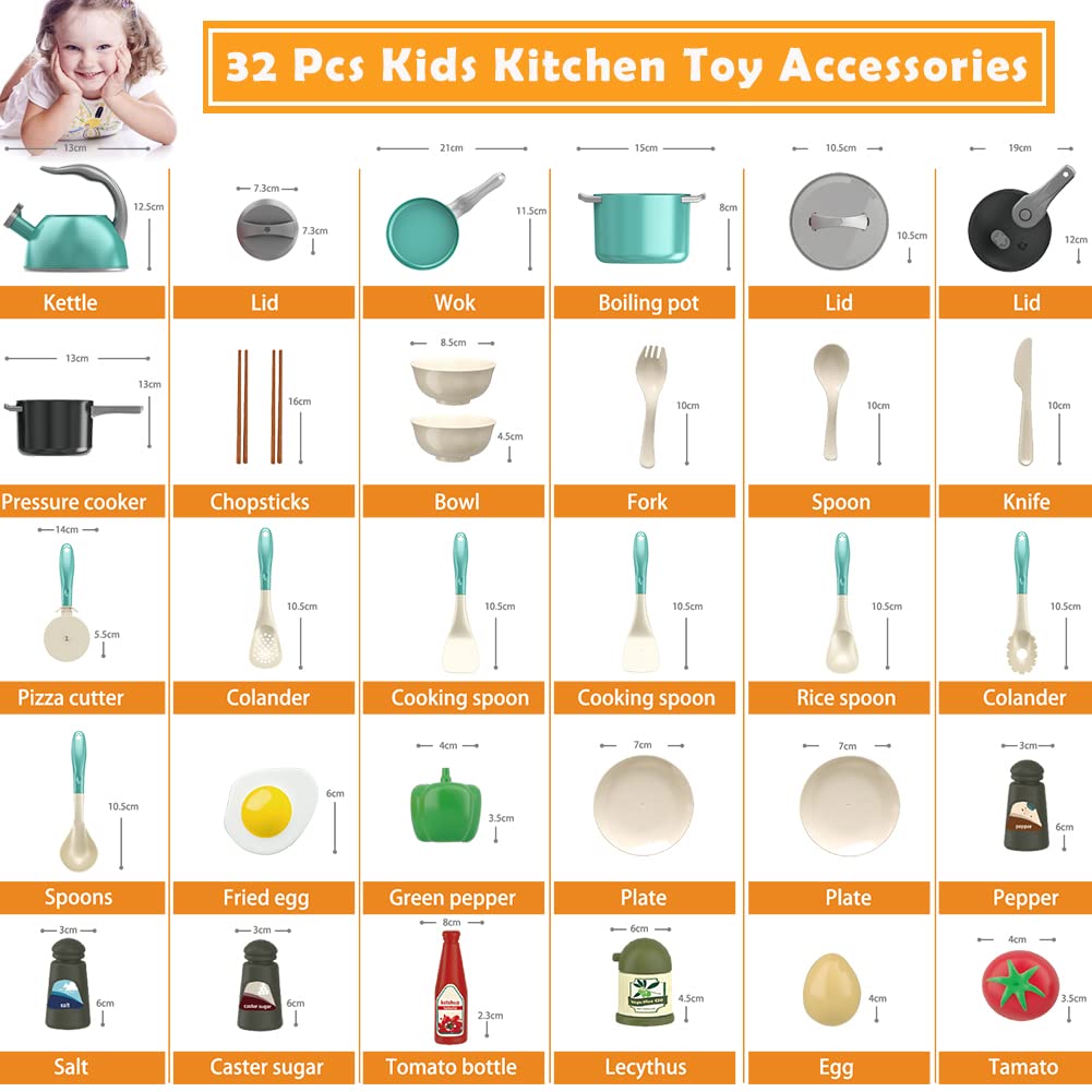 Bruvoalon 32Pcs Kids Play Kitchen Toys Set, Toddlers Pretend Cooking Playset Acccessories with Pots Pans, Utensils Cookware, Foods, Canned Veges, Learning Gift for Kids Girls Boys (Green)