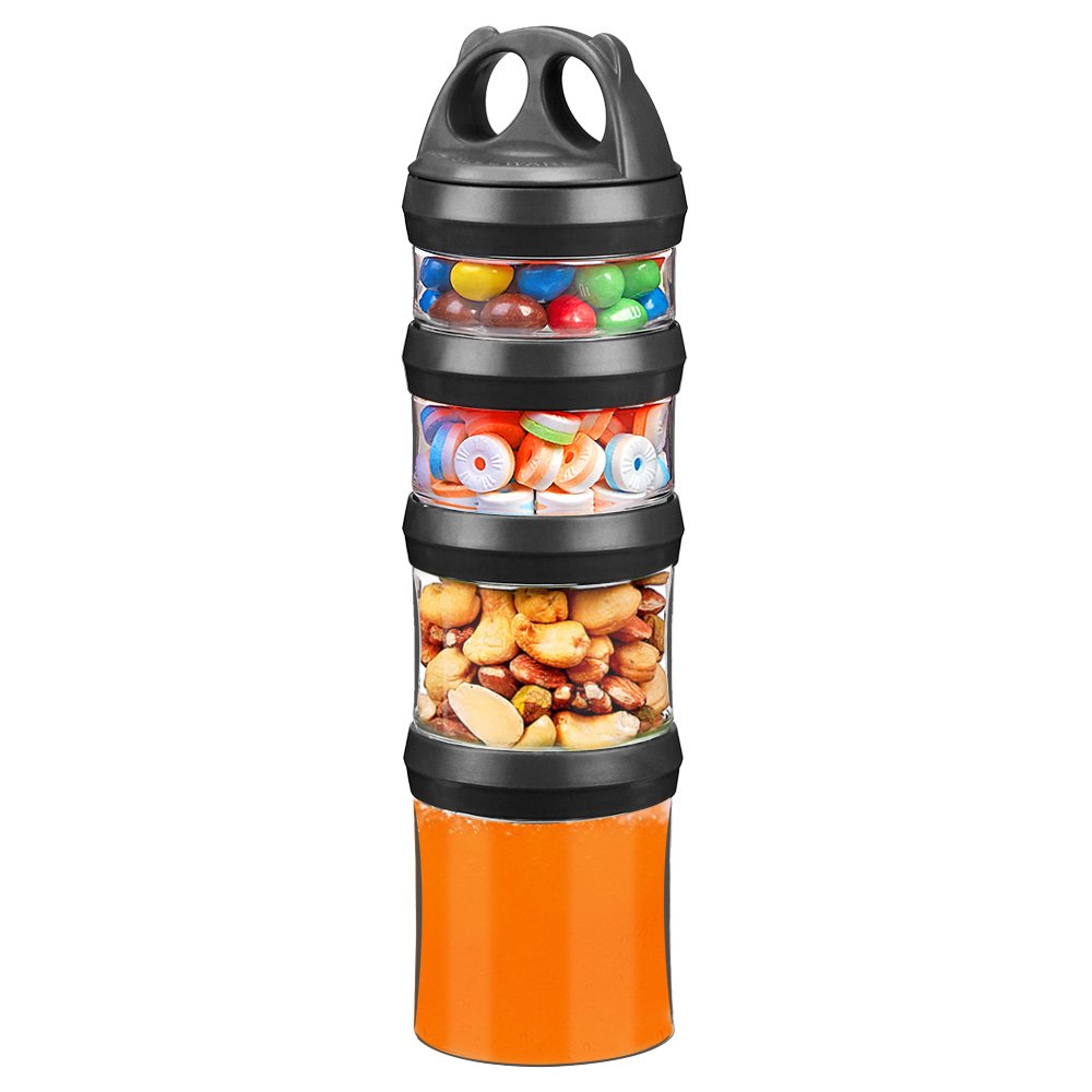 SELEWARE Portable Stackable Food Storage Containers for Snacks Formula Powder and Drinks Twist Lock System Airtight Leak-proof BPA and Phthalate Free 4 Piece Jars 31oz, Black