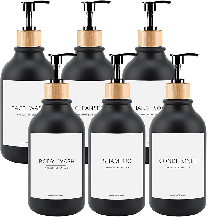 Frosted Plastic Shampoo and Conditioner Bottles, Apothecary Dispenser Bamboo Pump, Refillable Bottles for Shower Lotion, Oil, Hand Soap, Sanitizer, Liquid Soap, Set of 3 with 9 Labels (6, Matte Black)