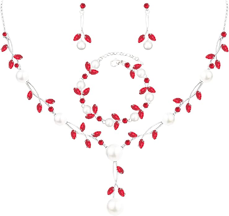 Luxury Cubic Zirconia Aurtrian Crystal Pearl Floral Necklace Dangle Earrings Wedding Bridal Jewelry Set Birthday Gifts for Her