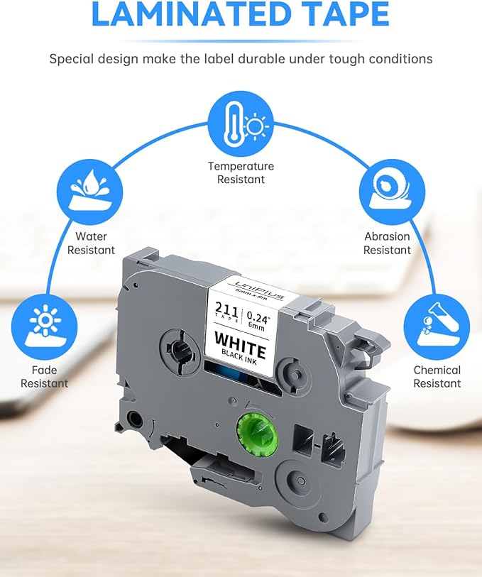 Compatible with Brother Label Tape TZe TZ Tape 6mm 0.23" TZe-111 TZe-211 TZe-411 TZe-511 TZe-611 TZe-711 Laminated Tape Work for P Touch PT-D210 PT-H110 PTD400 PTD600 PT1280 PTP300BT, 6-Pack