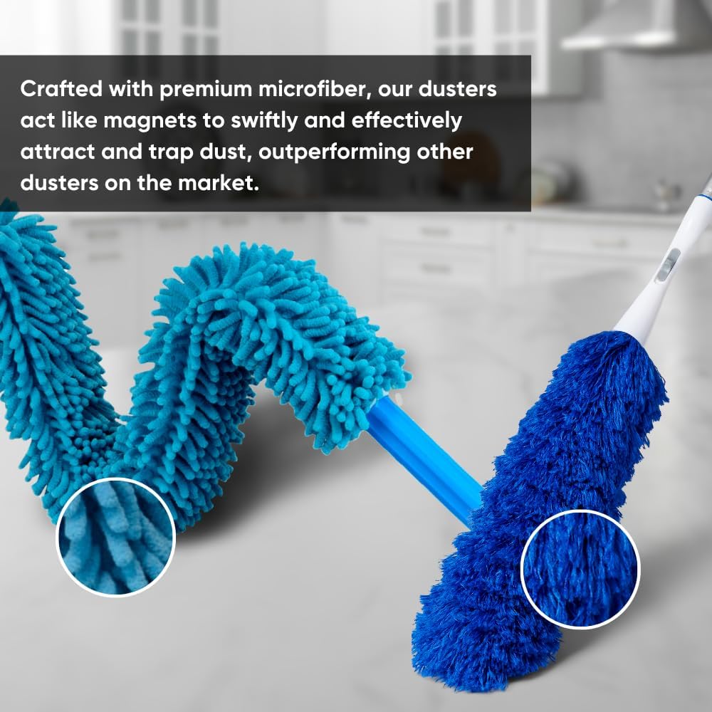 Extendable Duster - Microfiber Duster Kit: Ceiling, Fans, Baseboards, Cob Webs, Telescoping, Reusable & Washable, Feather & Chenille Dusters, 6ft. Adjustable Handle
