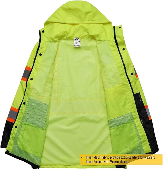 JKSafety Hi-Vis Reflective Safety Rain Jacket for Men Women Waterproof Rain Gears for Farming Fishing Work HV Rain Jacket with Inner Mesh Lining and Pockets (117A-YBlk XXL)