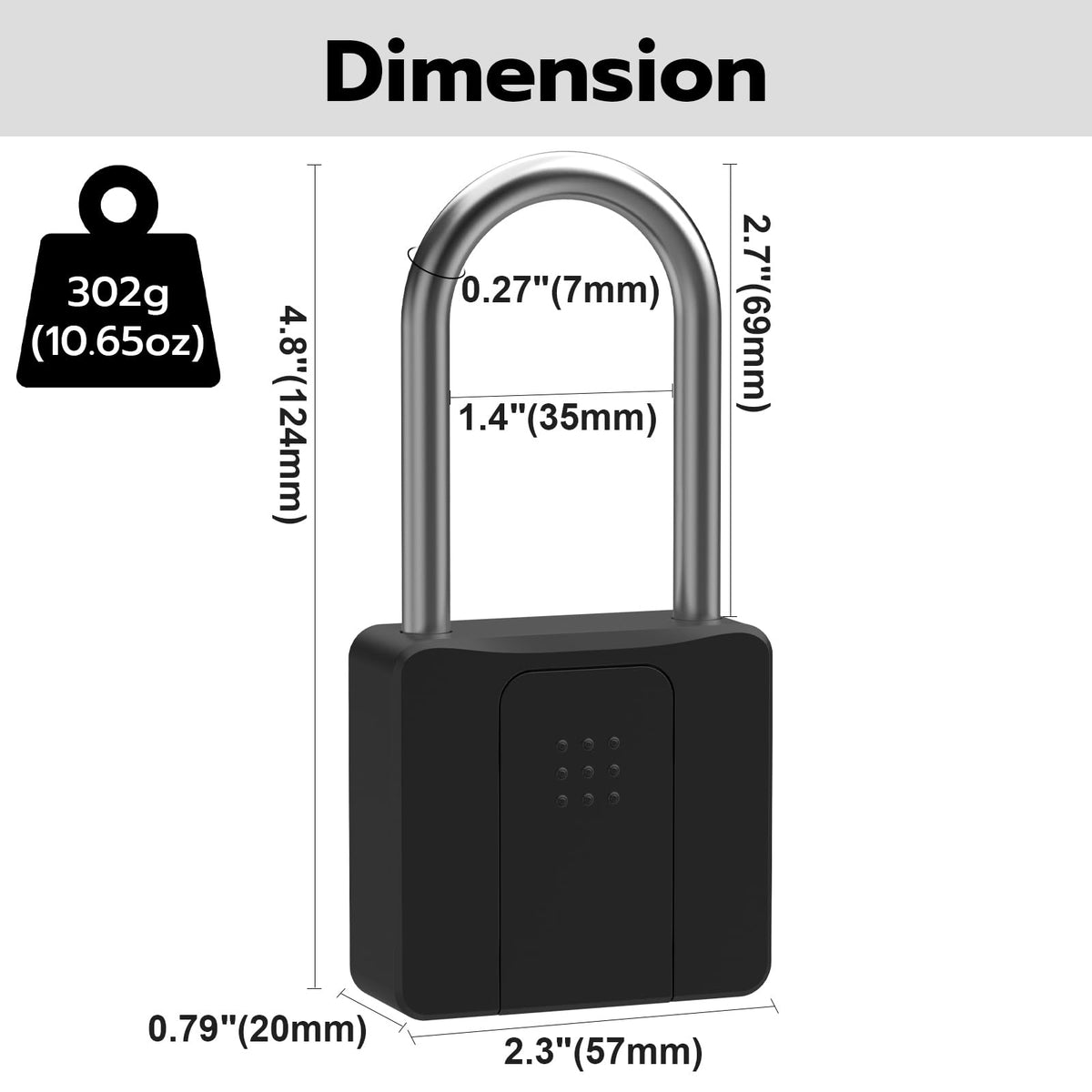 Dhiedas Fingerprint Gate Lock, 2.7'' Long Shackle Heavy Duty Smart Padlock with Key Fingerprint Bluetooth, Waterproof Biometric Keyless Gate Lock for Outdoor Fence Shed Yard Storage Door