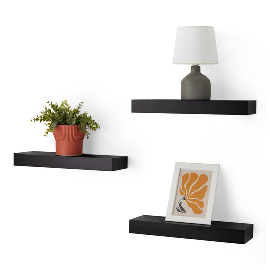 Amazon Basics Wood Floating Wall Shelves, 3-Pack, Black, 15.8" x 5" x 1.8"
