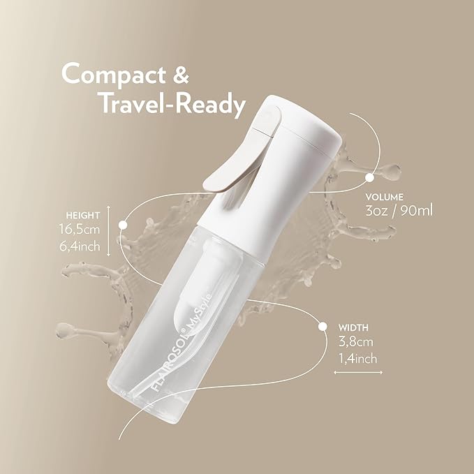 FLAIROSOL MyStyle, Spray Bottle for Hair - Small Travel Spray Bottle, Ultra Fine Continuous Water Mist for Face, Hairstyling, Salon, Cleaning, Beauty, Toners, Hydration & Makeup, 3.04oz / 90ml, White