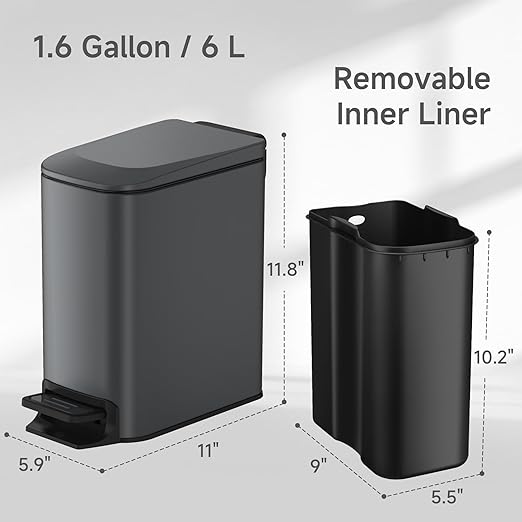 TIPGO Slim Bathroom Trash Can with Lid Soft Close, 6 Liter / 1.6 Gallon Stainless Steel Garbage Can with Removable Inner Bucket, Step Pedal, Small Trash Cans for Bedroom, Office, Kitchen (Grey)