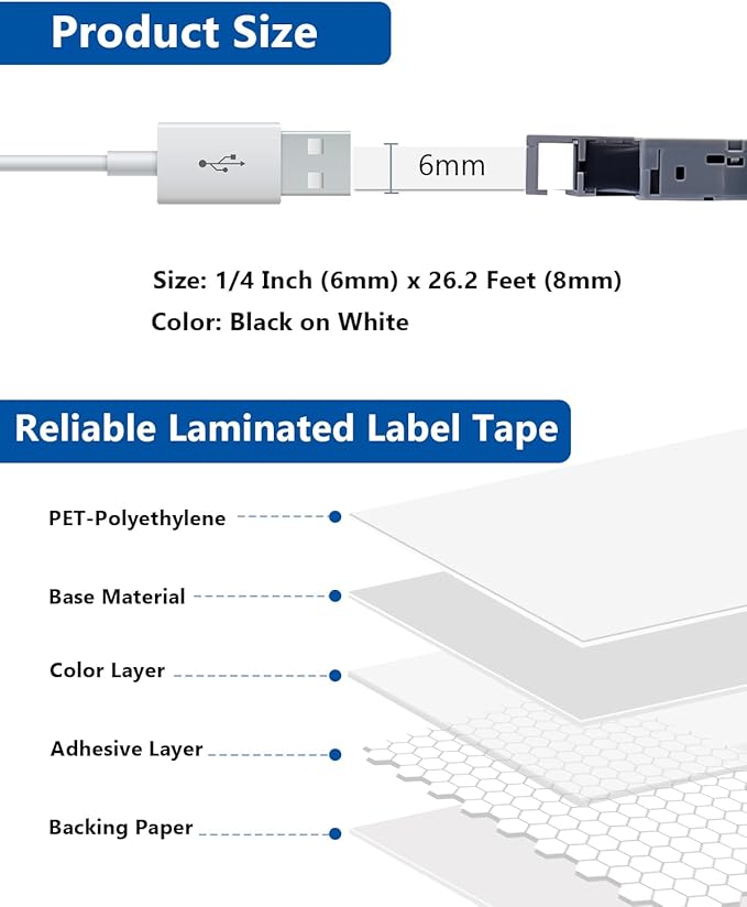 6mm 0.23 Inch Laminated White Compatible with P Touch TZe-211 TZe211 TZ Tape Refills for P Touch PT-H110 D200 D210 D220 D400 Label Maker (Black on White, 3-Pack)
