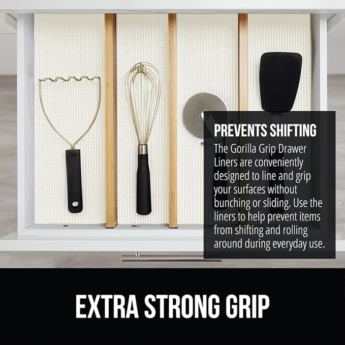 GORILLA GRIP powerGRIP Drawer Shelf and Cabinet Liner, Thick Strong Hold, Non-Adhesive Liners Protect Kitchen Cabinets and Cupboard, Bathroom Drawers, Easy Install, Breathable Mat, 20" x10' Snow White