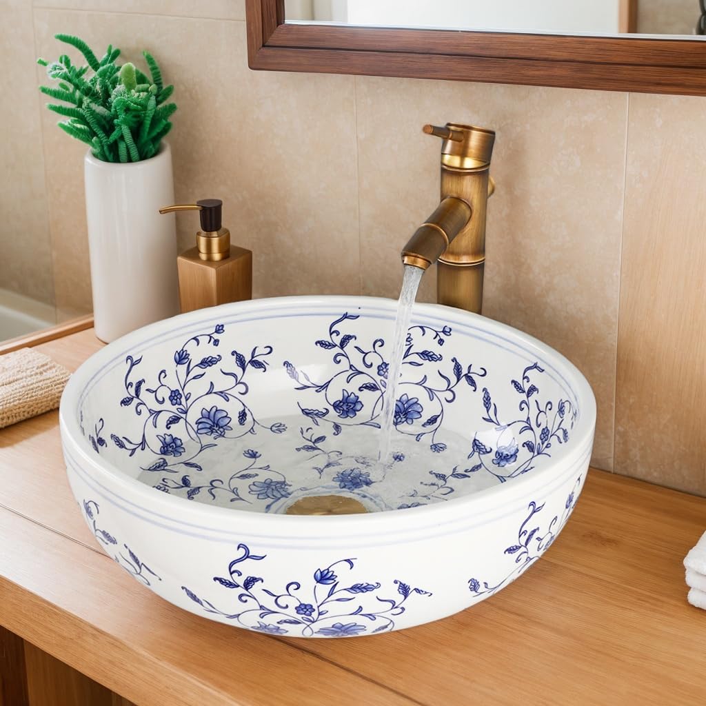 Lonuebu Bathroom Vessel Sink 16 Inch Vessel Sink Blue and White Ceramic Bathroom Sinks with Faucet and Drain Combo Bowl Sinks for Bathroom Vanity Above Counter