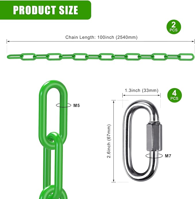 2Pcs 100" Swing Chain with Carabiners 1000 LBs Capacity Heavy Duty Coated Hanging Chains Porch Swing Chains with Hooks Green Chain for Hammock Chairs, Tree Swing, Hanging Chair, Punching Bags
