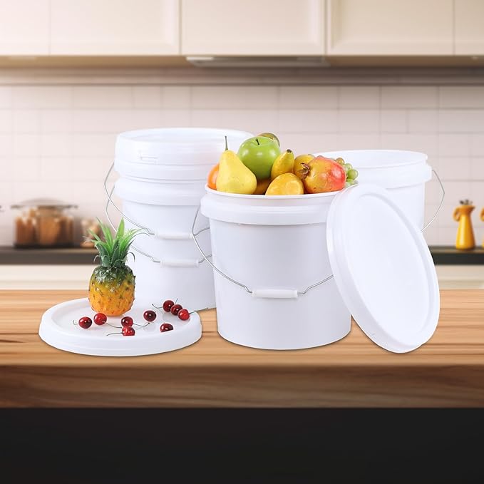 4 Gallon Round Buckets with Sealable Lids, White Plastic Food Storage Buckets, 4 Pack