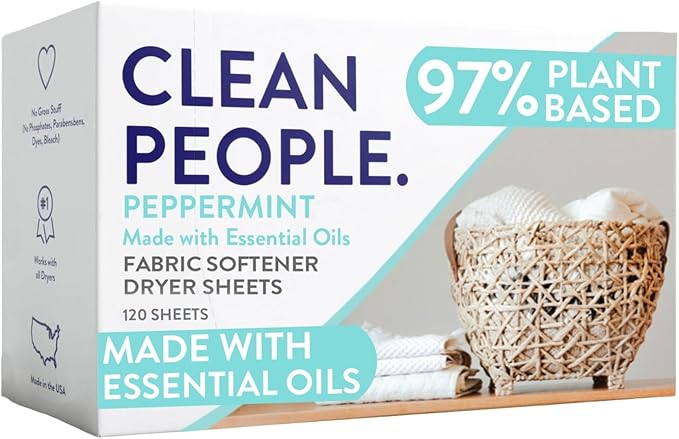 The Clean People Fabric Softener Sheets - Dryer Sheets - Softens & Removes Static Cling - Vegan Laundry Softener, Essential Oils - Peppermint 120 Pack