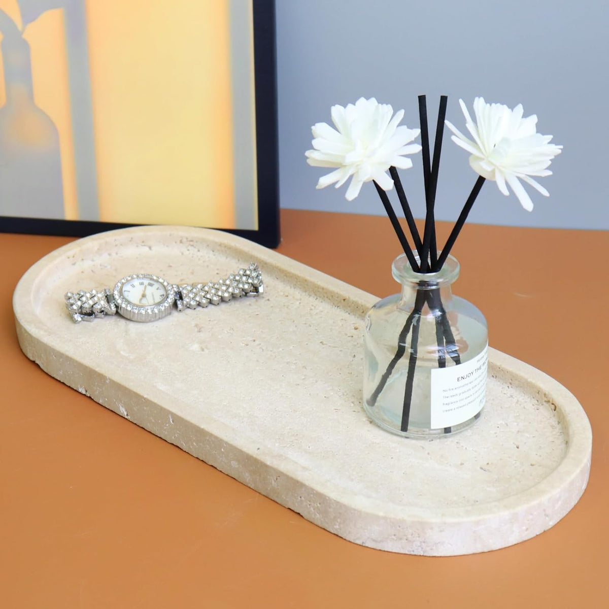 Natural Marble Tray, Oval Vanity Decorative Tray for Bathroom Counter, Countertop Stone Organizer, Catchall Tray for Kitchen, Perfume, Candles, Jewelry Dish Decorative Tray
