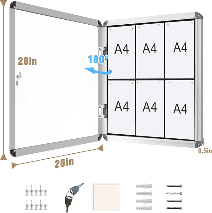 28"x26" Enclosed Bulletin Board, Lockable Weather-Resistant Aluminum Cork Noticeboard for School & Office, Silver Frame w/Black Flet