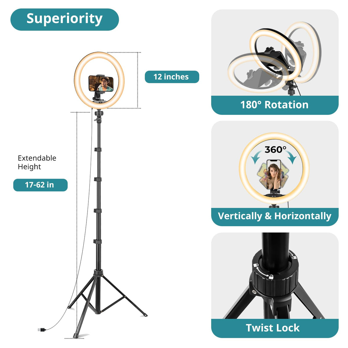 Eicaus 12" Ring Light with Tripod Stand and Phone Holder,Selfie LED Lighting with 62" Phone and Stand,Circle Ringlight for Photography,TIK Tok and YouTube,Compatible with iPhone, Android and Cameras