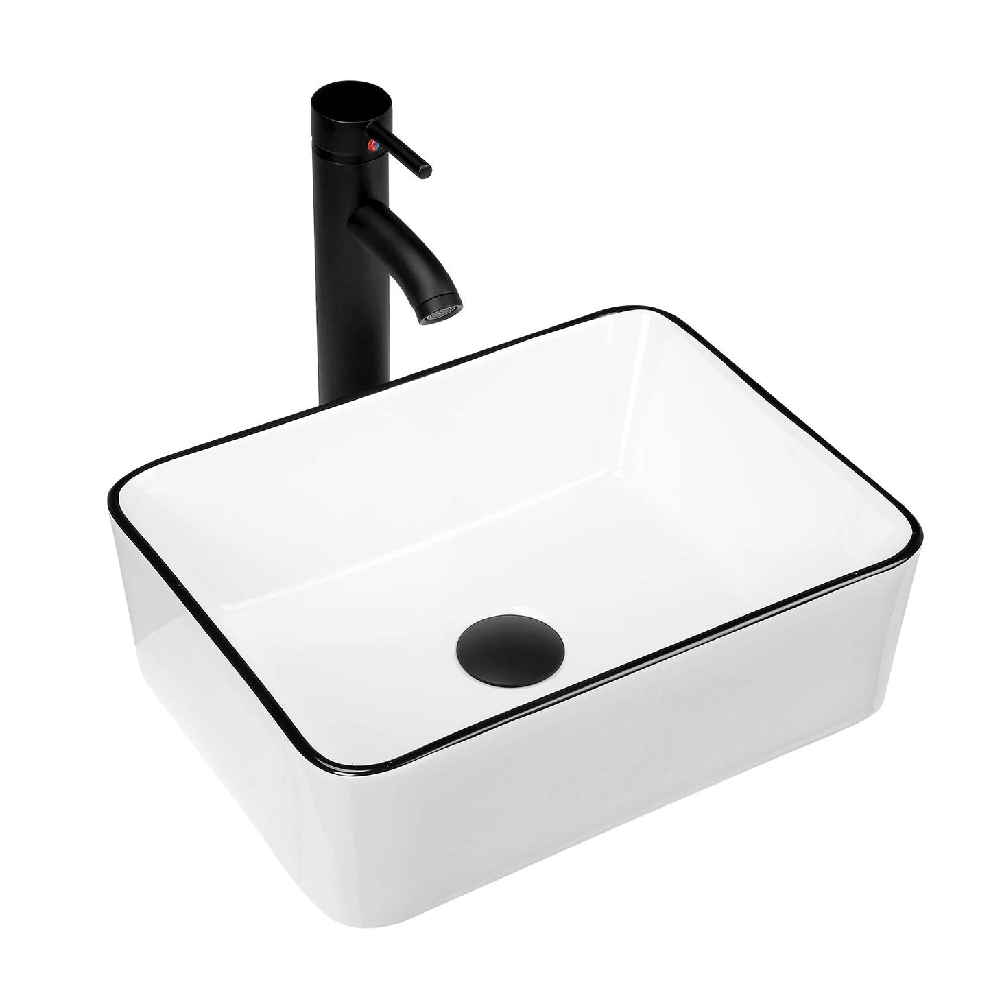 Modern 16" x 12" Rectangle Vessel Sink with Faucet, White Porcelain Above-Counter Bathroom Basin with Black Edge, Stylish Vanity Countertop Sink for Powder Room & Small Spaces