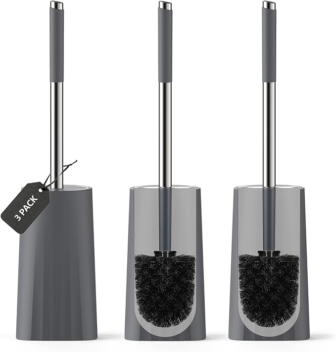 SetSail Toilet Brush, Compact Size Toilet Bowl Brush and Holder Toilet Brushes for Bathroom with Stainless Steel Handle Toilet Cleaner Brush with Durable Scrubbing Bristles, 3 Packs，Gery