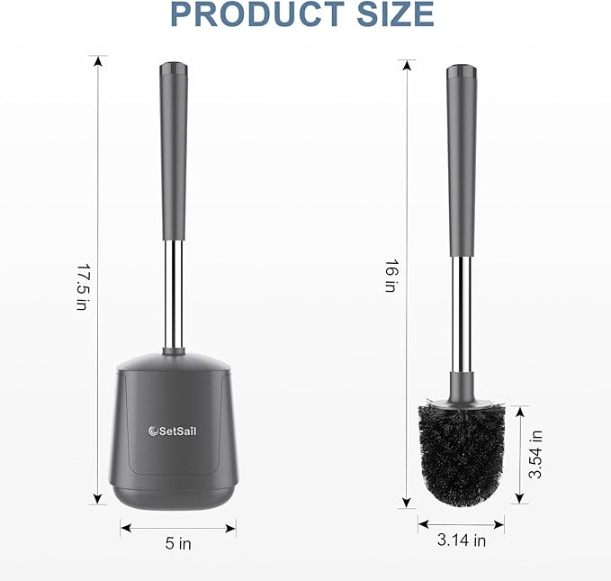 SetSail Toilet Brush and Holder 2 Pack, Self Closing Lid Toilet Bowl Brushes Holder and Extra Long Handle Ventilated Toilet Brush Set for Bathroom Cleaning, Nylon Bristles, Grey