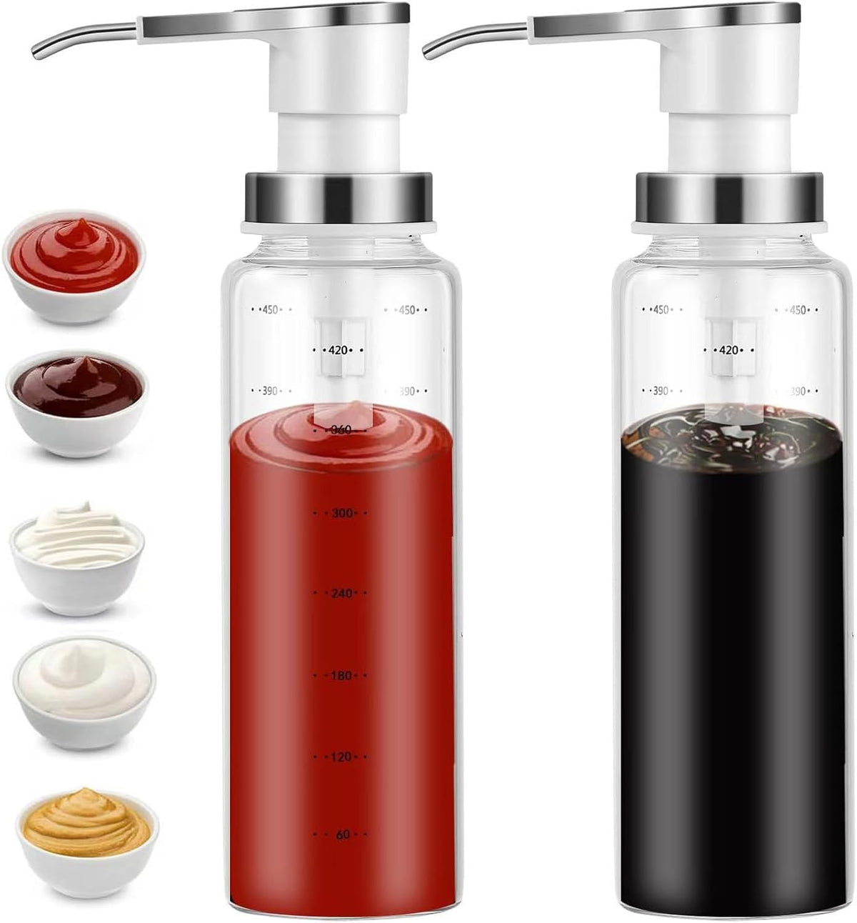 Sauce Pump Dispensers, 17oz Glass & Stainless Steel, 8ml Capacity, Perfect for Kitchen, BBQ, Baking, Salad, Restaurant, Cafe, Hotel, Party, Buffet, Infusing Herbs