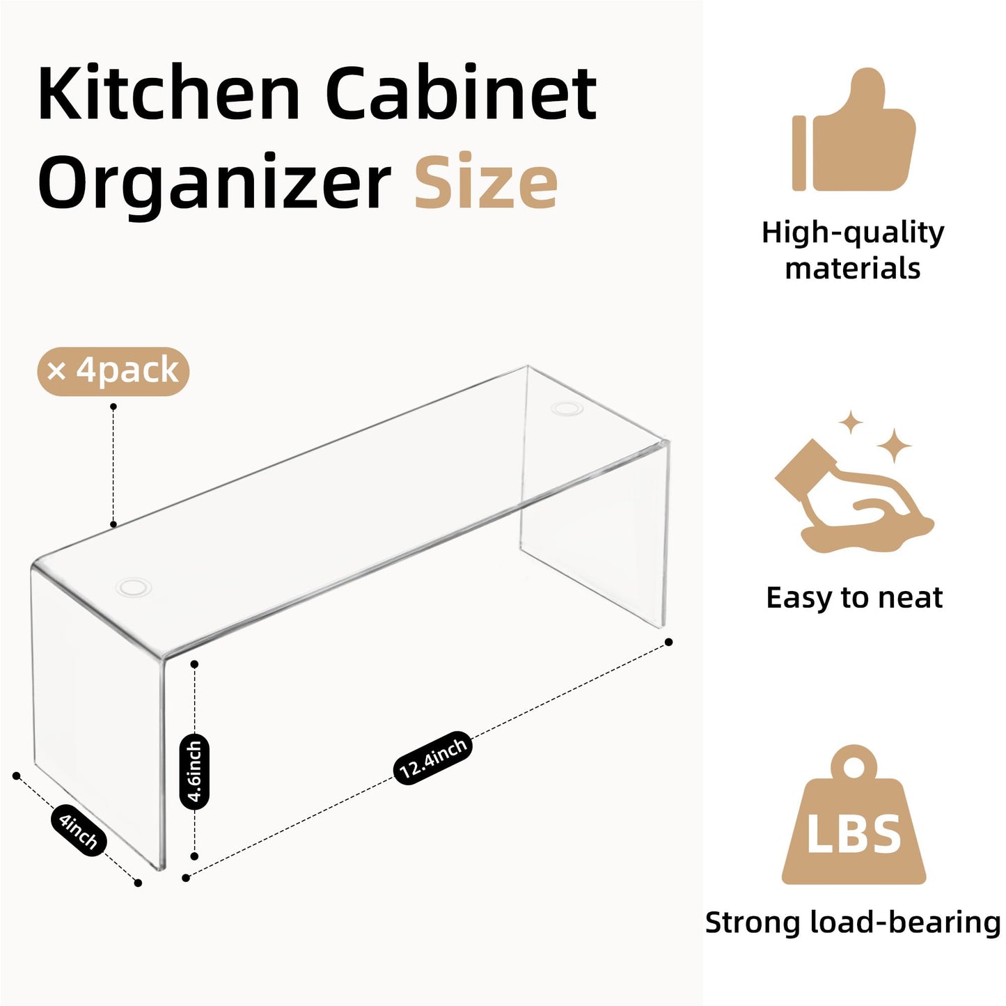 Aminigram 4 Packs Cabinet Organizer Shelf, Acrylic Kitchen Counter Shelves Organizer, Spice Rack for Dishes, Spices, Soda Cans and Bottles（12.4 x 4 x 4.6 inch）