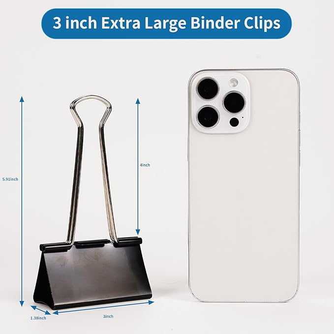 Jumbo Binder Clips 3 Inch - Extra Large Binder Clips 12 Pack, Heavy Duty Office Binder Clips for Paper, Documents, School & Office Supplies (12, 3 inch)
