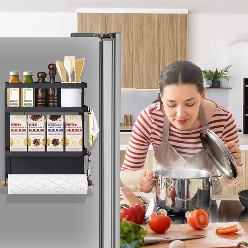 Dr.BeTree Magnetic Spice Rack for Refrigerator Magnetic Paper Towel Holder for Fridge Magnetic Shelf Magnetic Shelves Fridge Magnet Organizer Spice Rack Kitchen Organization Kitchen Storage Black