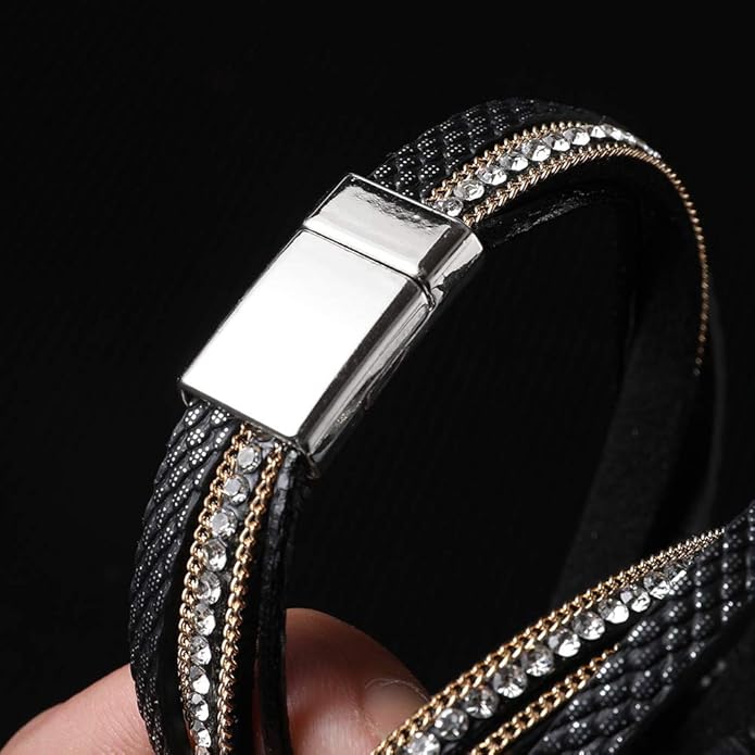 Fesciory Leather Wrap Bracelets for Women, Boho Leopard Multi-Layer Crystal Beads Cuff Bracelet Jewelry