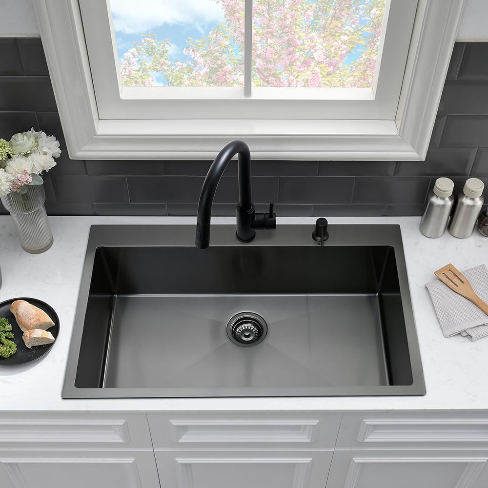 33 Black Kitchen Sink with Faucet Combo-VASOYO 33 x 22 Drop In Kitchen Sink Top Mount Black Stainless Steel Deep Single Bowl Over Mount Sinks with Faucet Combo Set
