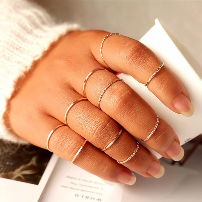WFYOU 10 Pcs 1-2mm 18K Gold Plated Simple Rings for Women Band Knuckle Stacking Midi Rings Elegant Classic Minimalist Rings Comfort Fit