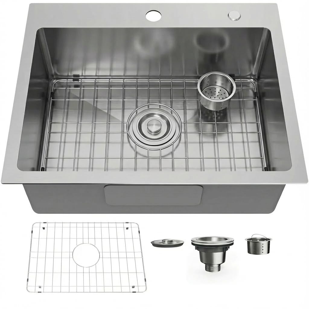 Bathenum 22" x 18" Drop in Kitchen Sink 304 Stainless Steel Single Bowl Topmount Kitchen Sink with Drain Kit and Bottom Grid, Brushed