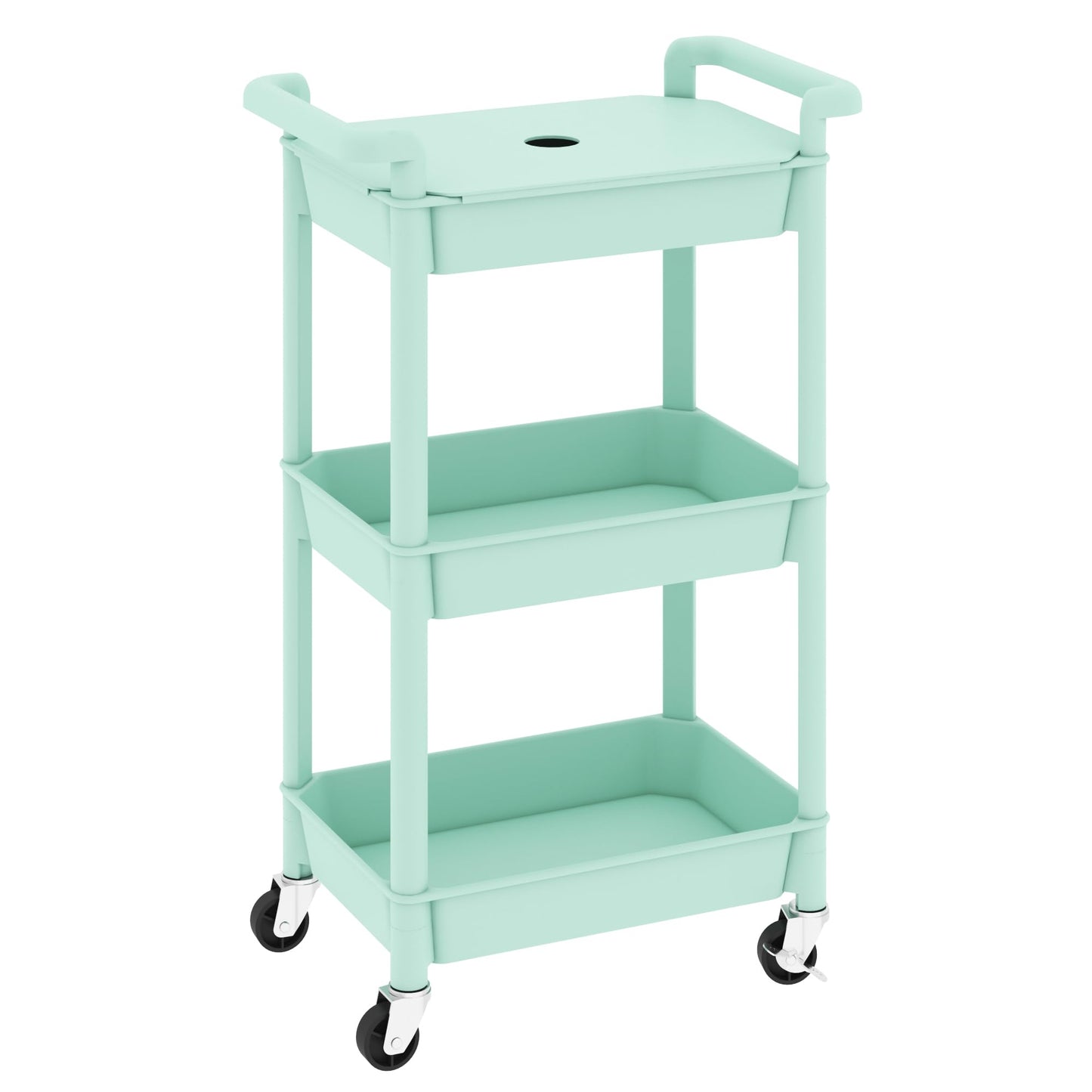 MIOCASA 3-Tier Utility Rolling Cart with Cover Top Board, Kitchen Storage Organization, Art Cart with Wheels for Office, Classroom, Livingroom, Kitchen, Bathroom, Green, Plastic