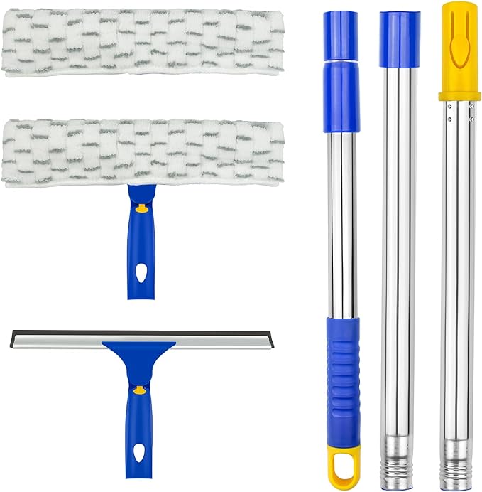 ITTAHO Window Washing Kit with Extension Pole, 10" Squeegee & 11" Microfiber Scrubber Combi with Stainless Steel Pole, Window Cleaner for Car, Sliding Door,Shower Glass Door-Swivel Style-2 Pads