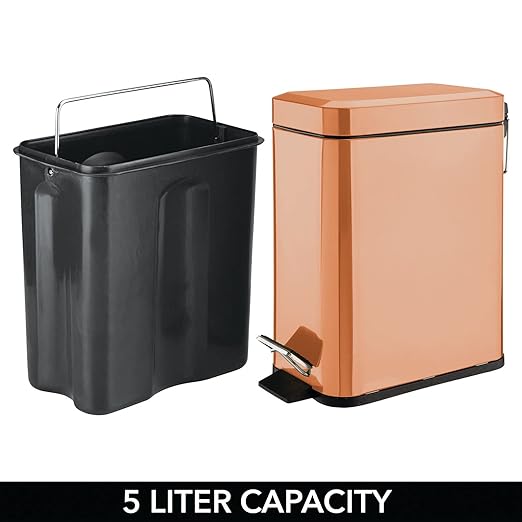 mDesign Small Modern 1.3 Gallon Rectangle Metal Lidded Step Trash Can, Compact Garbage Bin with Removable Liner Bucket and Handle for Bathroom, Kitchen, Craft Room, Office, Garage - Copper