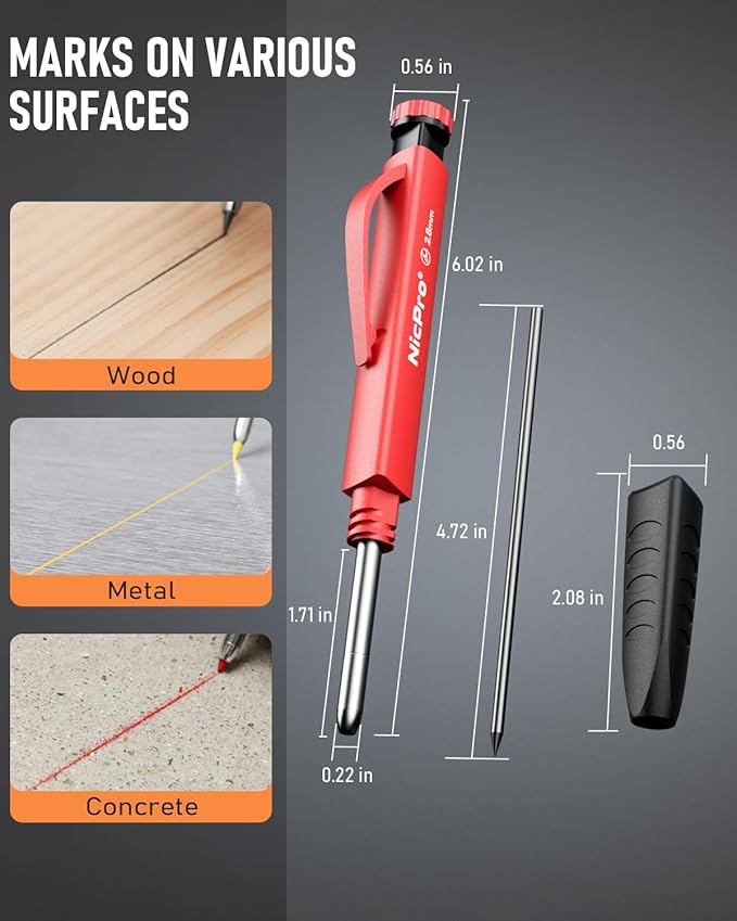 Nicpro 2 Pack Carpenter Pencil Set with Sharpener & Finger Grip, Mechanical Woodworking Pencils with 26 Refills (Red, Black, Yellow), Deep Hole Marker Heavy Duty Construction Pencils - With Case