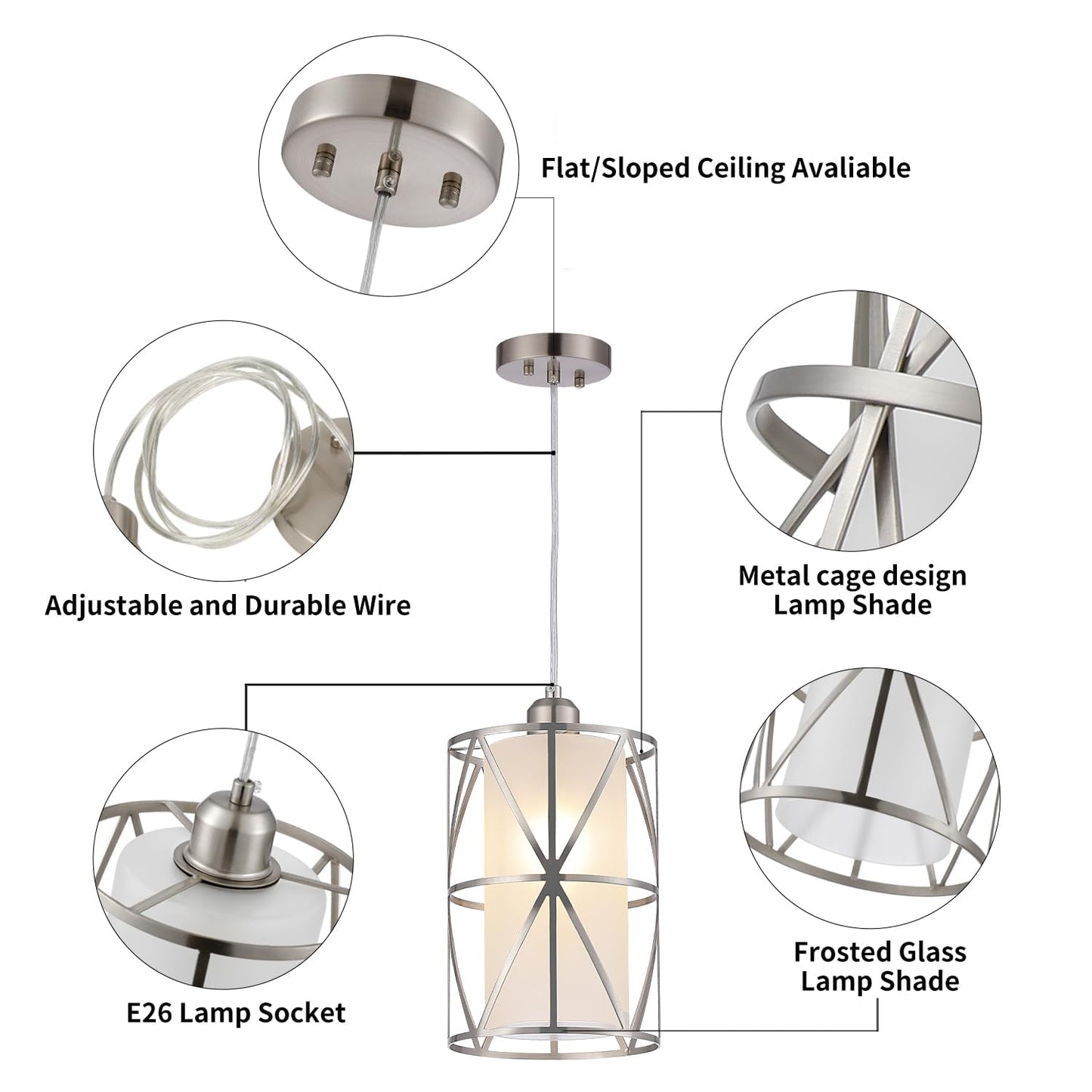 Zlierop Pendant Lights Kitchen Island with Frosted Glass, Brushed Nickel Hanging Kitchen Lights, Cylindrical Modern Pendant Light, Kitchen Pendant Lighting Over Island, Foyer, Dining Room, Entryway