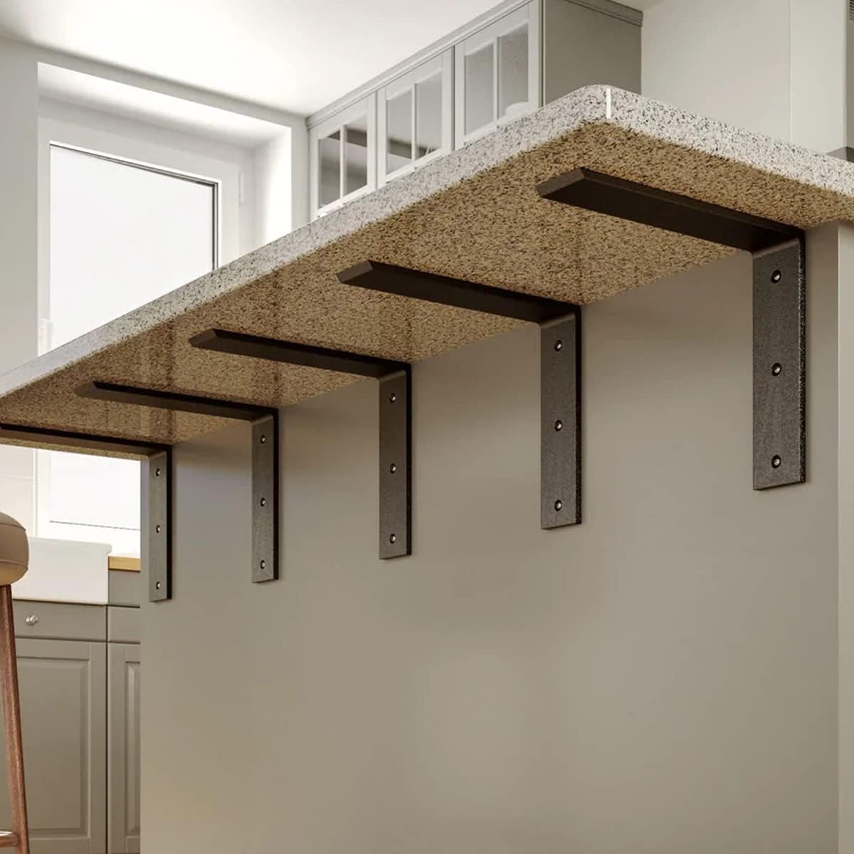WINKER Countertop Support Bracket 4 Pack Heavy Duty 3/8" Thick Hidden L Shelf Bracket 14" x 6" x 2.5" Metal Corbels for Quartz/Granite/Wood/Concrete/Laminate Countertops, Black